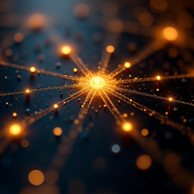 Abstract visualization of golden network nodes connecting over a dark professional background