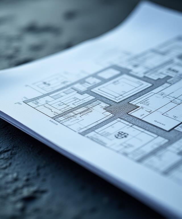 A high-contrast professional image of a structural blue-print resting on a dark slate surface, representing corporate foundations