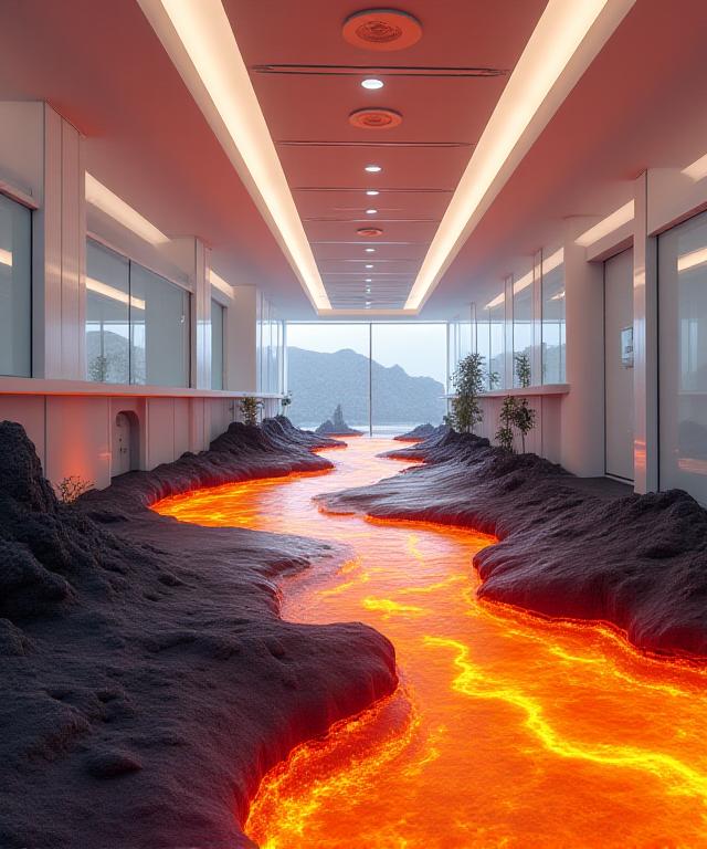 Abstract visualization of volcanic magma merging with digital industrial structures
