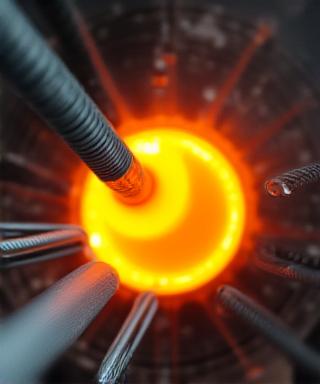 Close up of molten glass and industrial steel cables